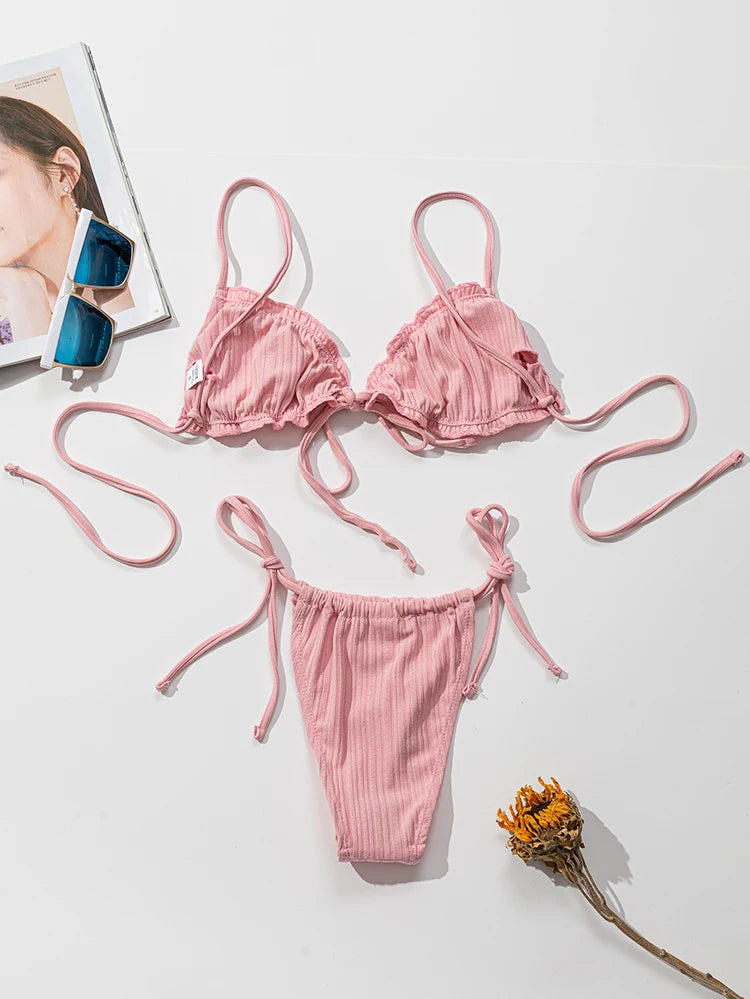 Új 2025 szexi fürdőruha, csíkos bikini, női fürdőruha, push up bikini, kötszer, strandruha, egyszínű bikini szettek
