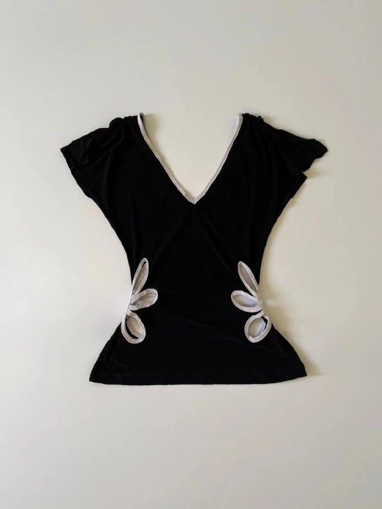 Vintage üreges V-nyakú, hát nélküli pólók női nyári grunge lezser női trikók patchwork kontrasztos színű crop top 2019 esztétika
