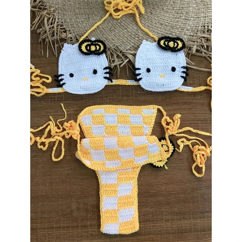 Sanrio horgolt bikini szett aranyos lányoknak fürdőruhák Hello Kitty szexi fürdőruha mikro kötésű bikinik strandruha női fürdőruha