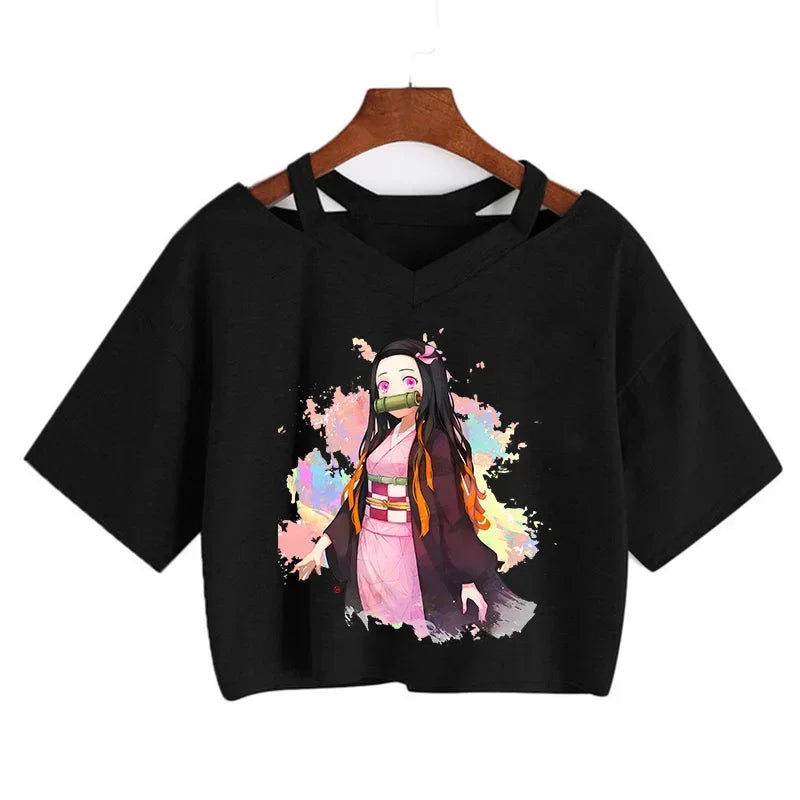 Demon Slayer póló Nezuko póló női Kimetsu No Yaiba crop top pólók japán anime Tanjiro Kamado felsők Manga póló női