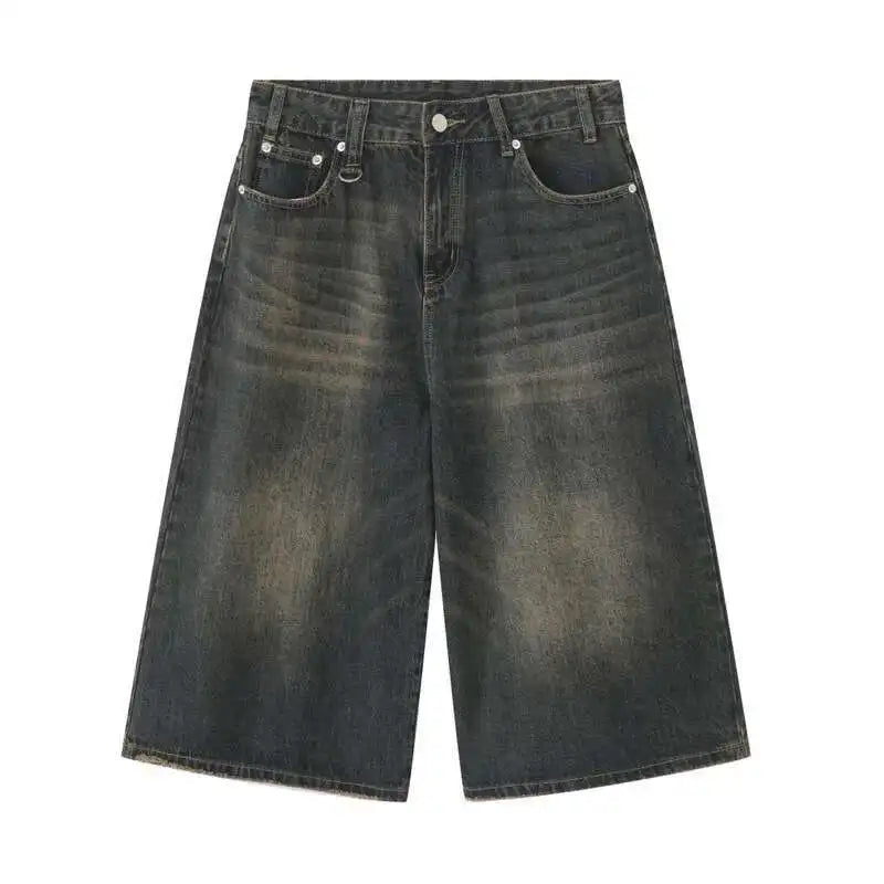 IEFB koreai stílusú vintage férfi farmer nyári laza férfi széles szárú térdig érő rövidnadrág új mosott divatos rövid farmer nadrág
