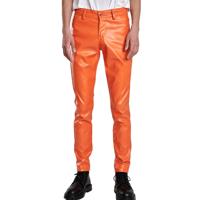 2026 új férfi bőr nadrágok divatos vékony PU nadrágok piros kék fekete szürke fehér pantalones hombre
