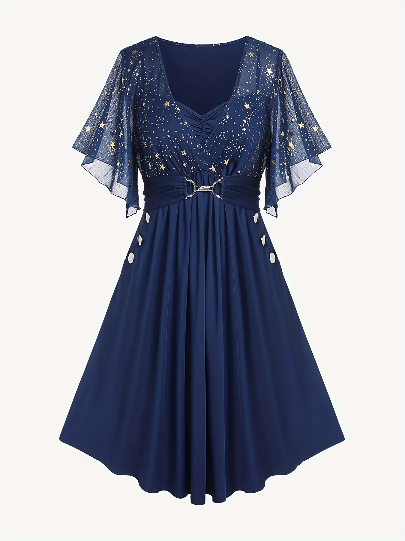 Divatos női plus size robbanásszerű, csillagmintás, gombos, zsebes, rakott, pillangós ujjú, elegáns, temperamentumos ruha