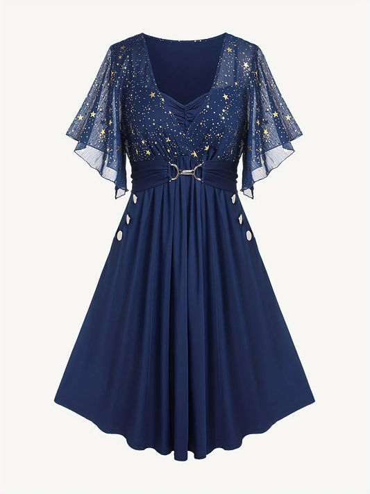Divatos női plus size robbanásszerű, csillagmintás, gombos, zsebes, rakott, pillangós ujjú, elegáns, temperamentumos ruha