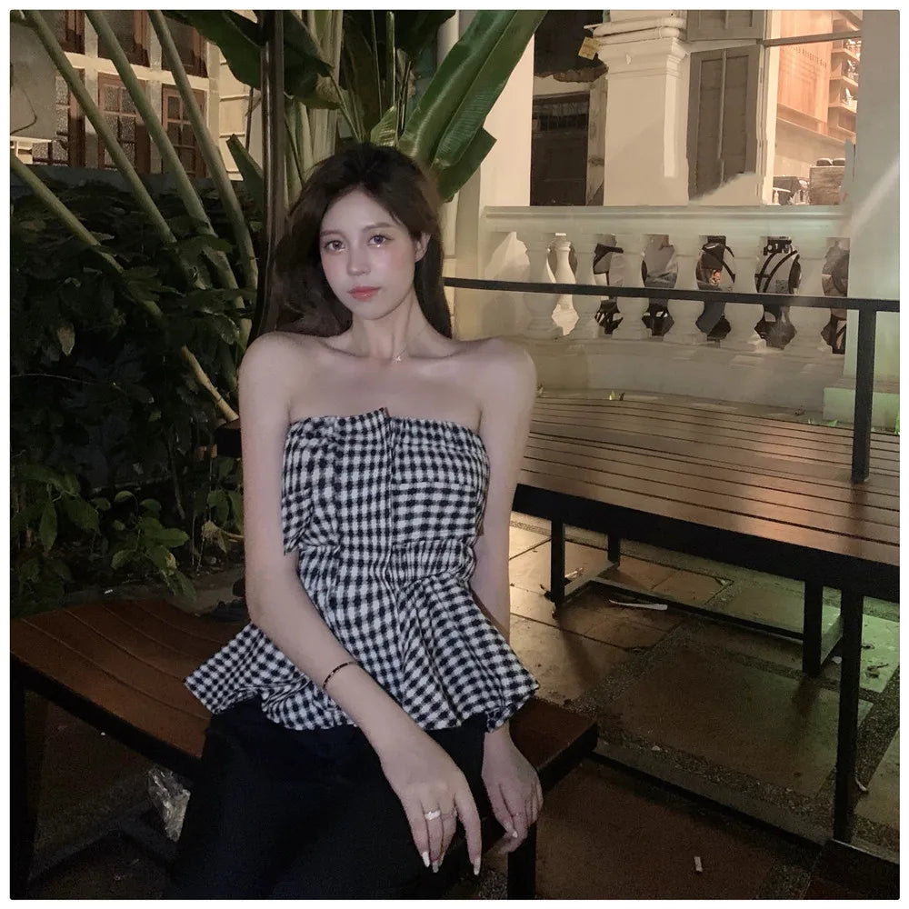 Lányoknak elegáns fodros kockás csőfelsői női rugalmas kendőcsövek bandeau rövid pánt nélküli trikó crop top női