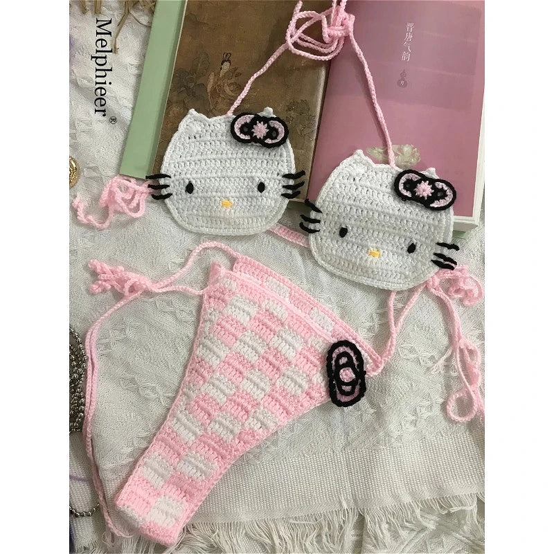 Sanrio horgolt bikini szett aranyos lányoknak fürdőruhák Hello Kitty szexi fürdőruha mikro kötésű bikinik strandruha női fürdőruha
