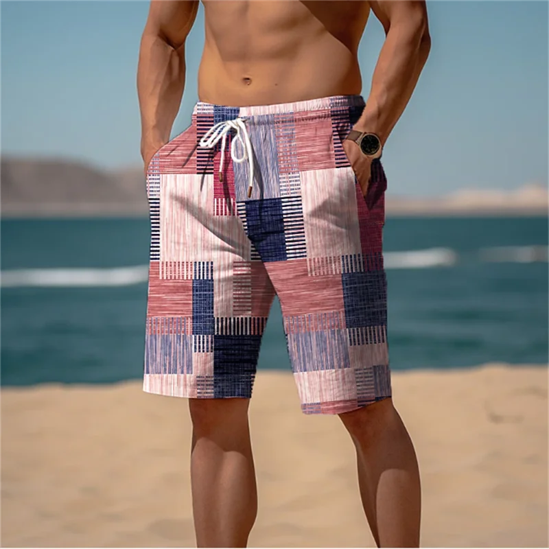 Vintage Patchwork Mintás Strandnadrág Férfiaknak Divatos Hétköznapi Nyári 3D Műszövet Nyomtatott Fürdőruhák Laza Utcai Rövid Nadrág