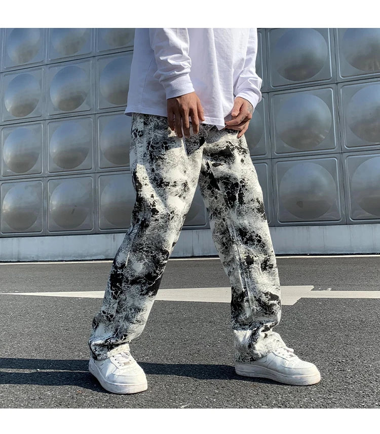 Nyomott farmernadrág Unisex rugalmas derekú tavaszi 2025 Férfi divatos koreai stílusú főutcai laza hip-hop nadrág