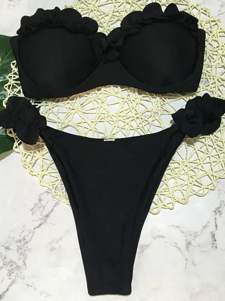 Szexi fodros, fodros melltartós bikini 2026 női bandeau fürdőruha női fürdőruha kétrészes bikiniszett push up fürdőruha úszás