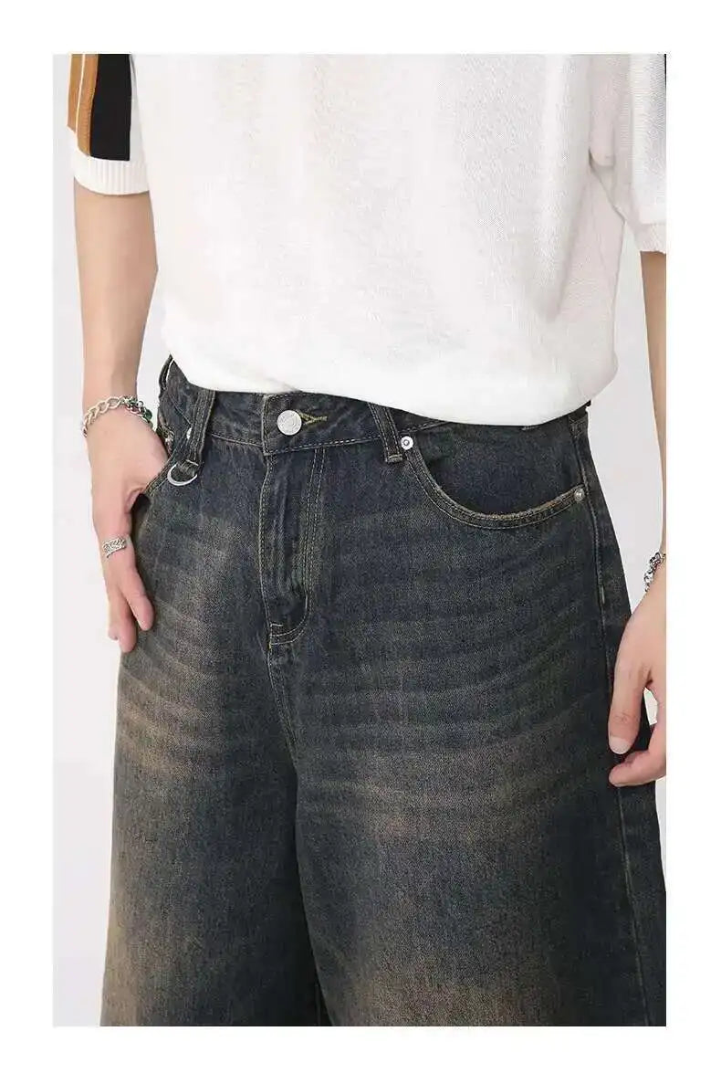 IEFB koreai stílusú vintage férfi farmer nyári laza férfi széles szárú térdig érő rövidnadrág új mosott divatos rövid farmer nadrág