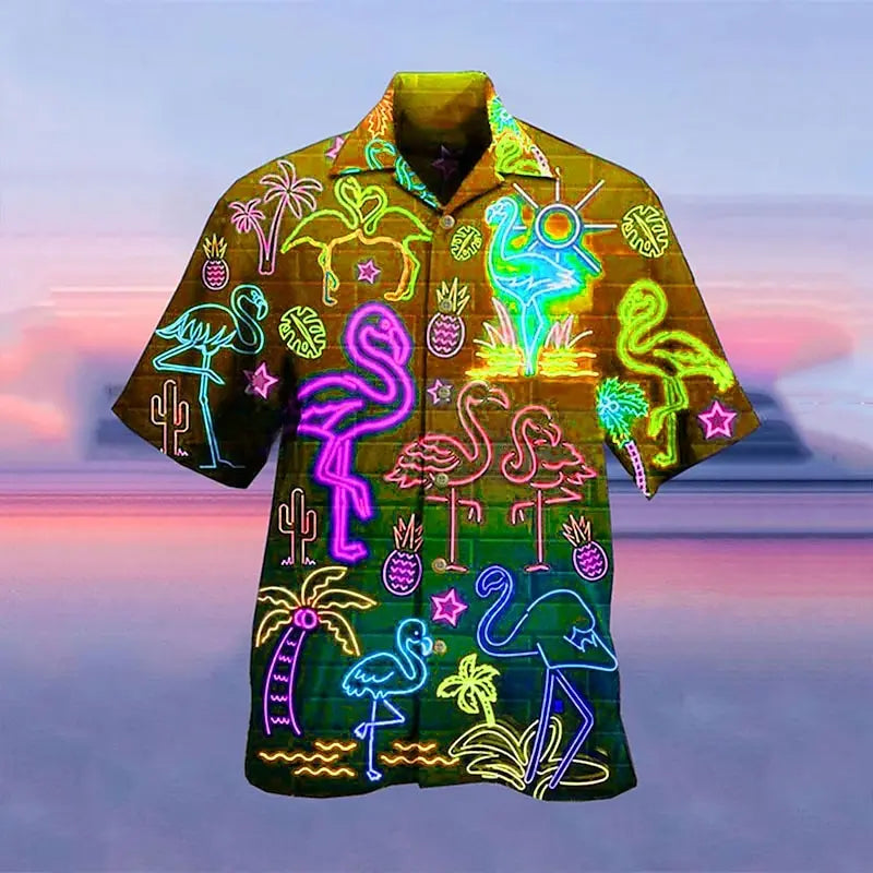 Férfi ing, hawaii ing, camp póló, fluoreszkáló 3D nyomtatású, utcai, lezser, rövid ujjú ruházat, divatos, hétköznapi