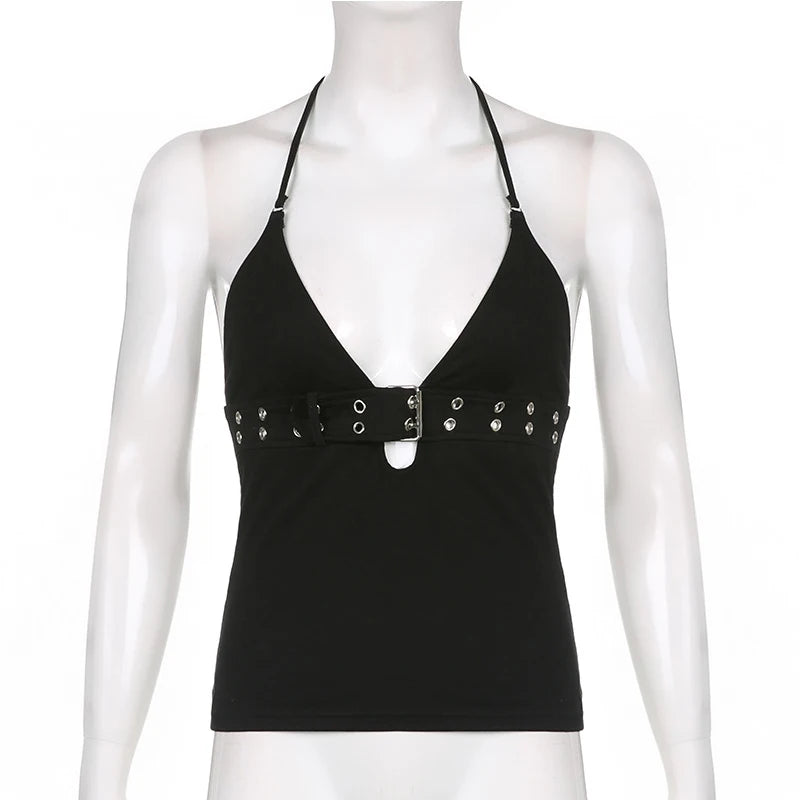 y2k Bandage Crop Top Fekete Hát nélküli Felső Fűzős Aranyos Party Strand Női Retro Alap Punk
