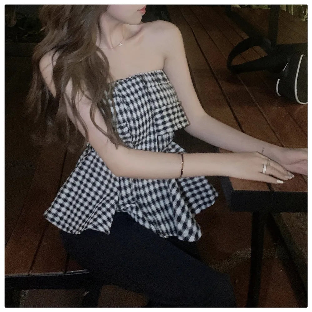 Lányoknak elegáns fodros kockás csőfelsői női rugalmas kendőcsövek bandeau rövid pánt nélküli trikó crop top női