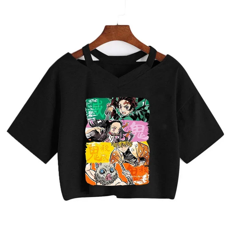 Demon Slayer póló Nezuko póló női Kimetsu No Yaiba crop top pólók japán anime Tanjiro Kamado felsők Manga póló női