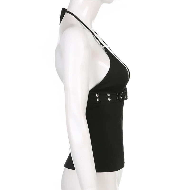 y2k Bandage Crop Top Fekete Hát nélküli Felső Fűzős Aranyos Party Strand Női Retro Alap Punk