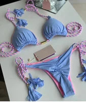 Új, egyszínű, fehér bikini női öltöny, alacsony derekú, fűzős, divatos, kétrészes fürdőruha szett