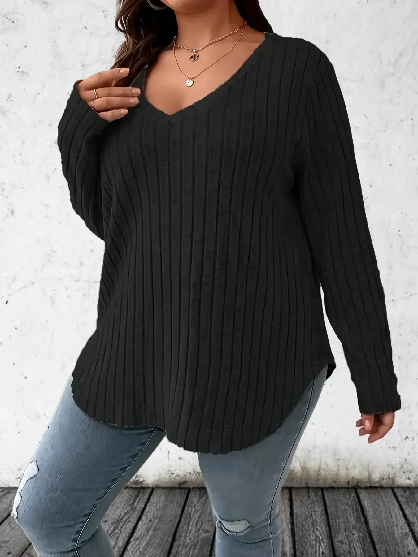 Plus Size 1XL-5XL női lezser divatos V-nyakú hosszú ujjú póló, női, plus size egyszínű bordázott póló