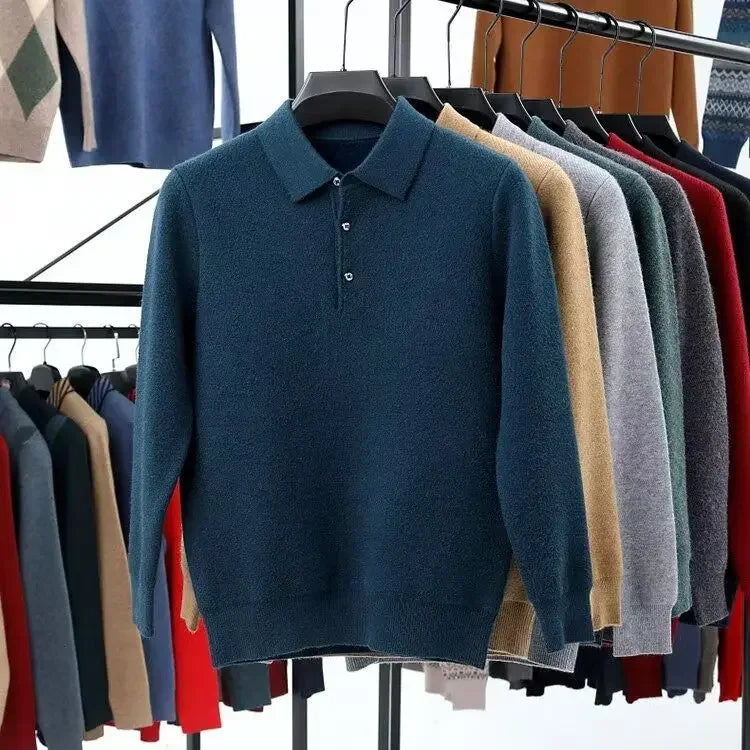 Elegáns, lezser, őszi-téli, férfi pulóver, egyszínű, gombos hajtókával,  divatos,  hosszú ujjú pulóverek, kötött felsők