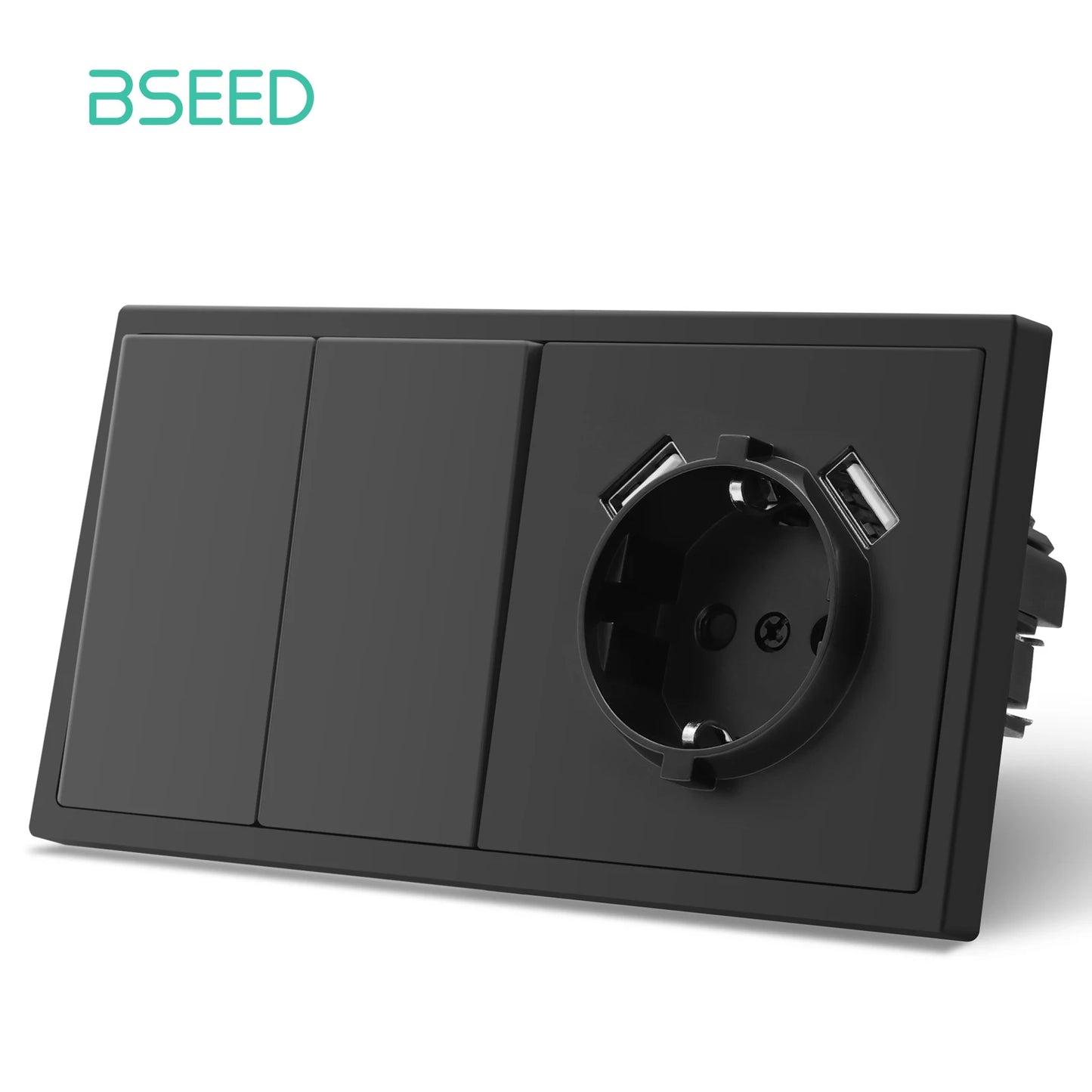 BSEED 1/2-es mechanikus gombos kapcsolók, 1 állású, EU fali aljzatok, USB tápcsatlakozókkal, műanyag panel, LED-ek nélkül, fekete sorozat