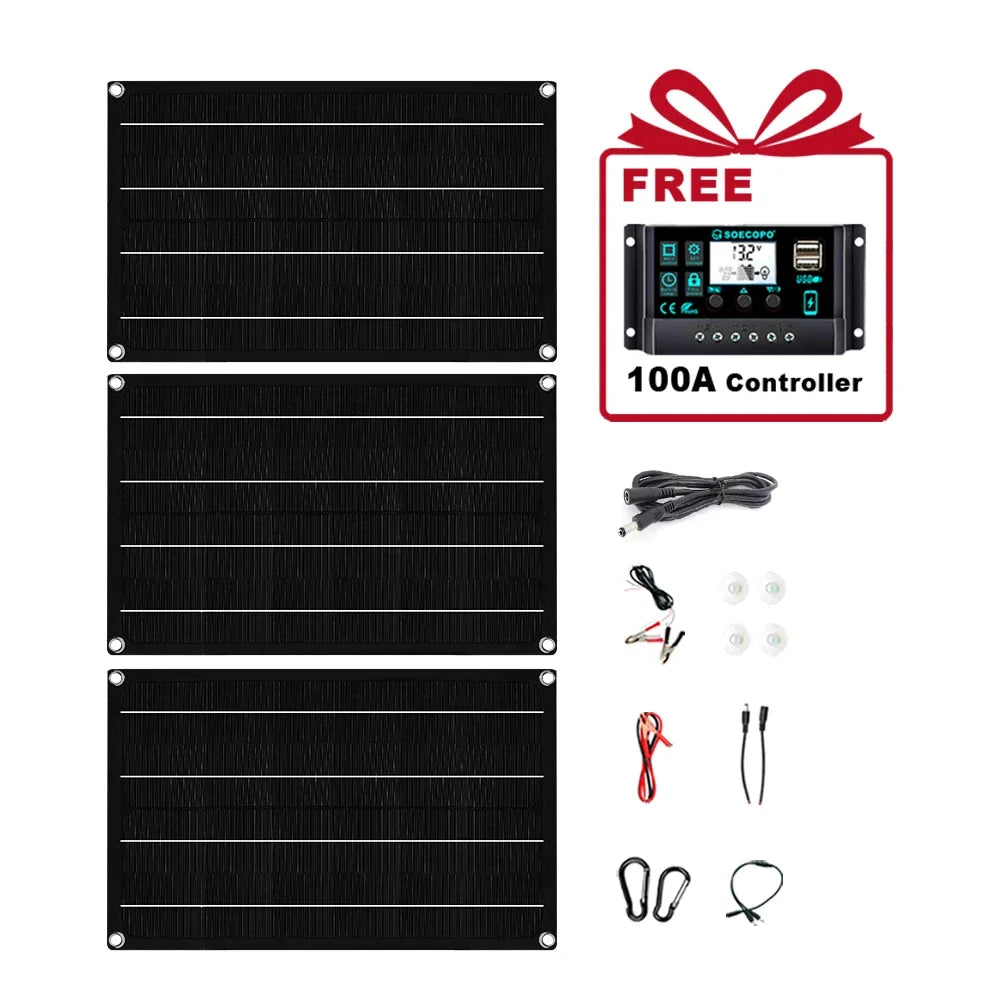SOECOPO 2400W-os rugalmas napelemkészlet 3 db 800W-os fotovoltaikus panellel, 18V-os akkumulátortöltővel, ingyenes 100A-es vezérlővel lakókocsis kempingezéshez