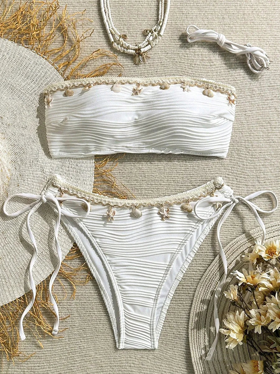 XS - XL Bandeau ráncos, magas kivágású bikini női fürdőruha női fürdőruha kétrészes bikiniszett kagyló fürdőruha úszás