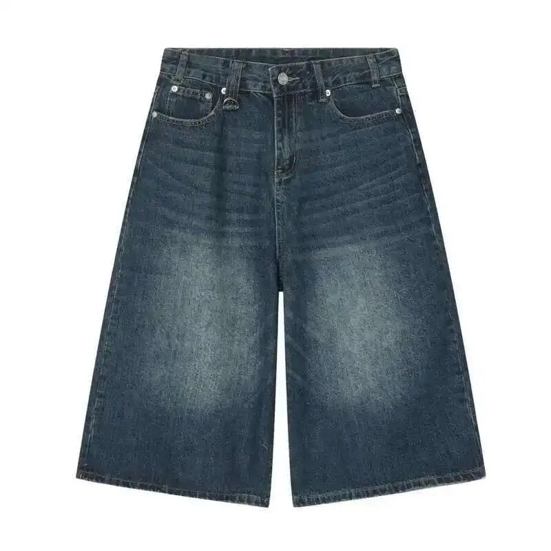 IEFB koreai stílusú vintage férfi farmer nyári laza férfi széles szárú térdig érő rövidnadrág új mosott divatos rövid farmer nadrág