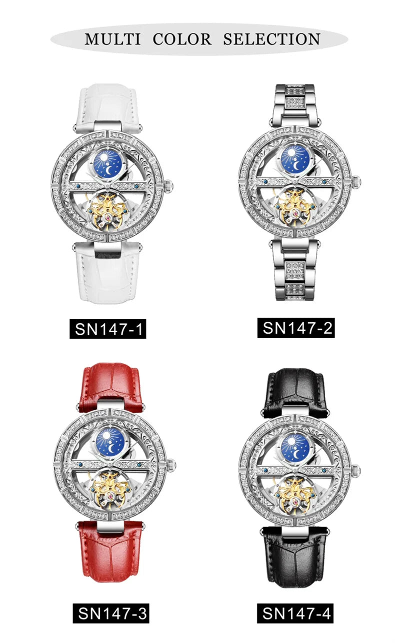Női automata mechanikus karóra, csúcsmárkás luxus bőr vízálló órák, női csontváz Tourbillon óra, reloj mujer, új
