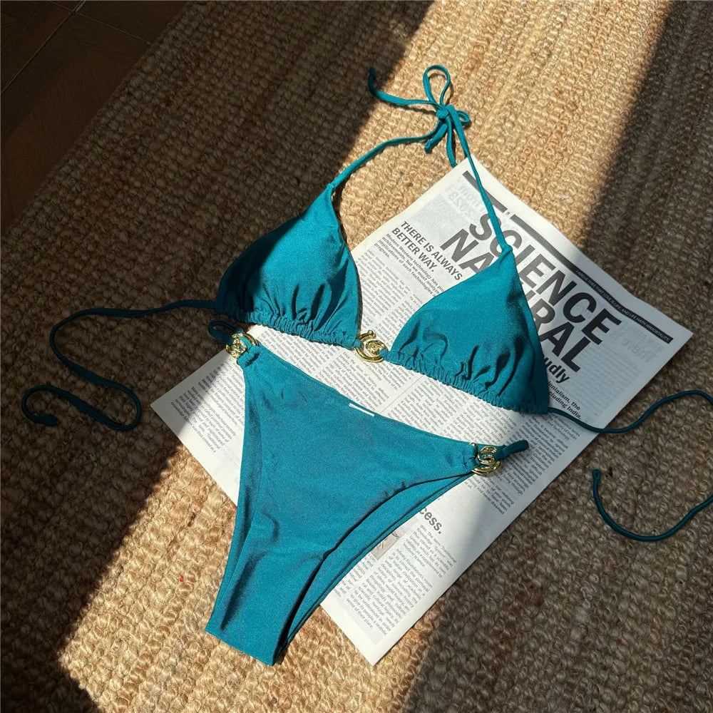 Egyszínű narancssárga fürdőruha fém gyűrűs zsinóros háromszög alakú mikro bikini tanga szexi fürdőruha nők 2026 fürdőruha bikiniszett