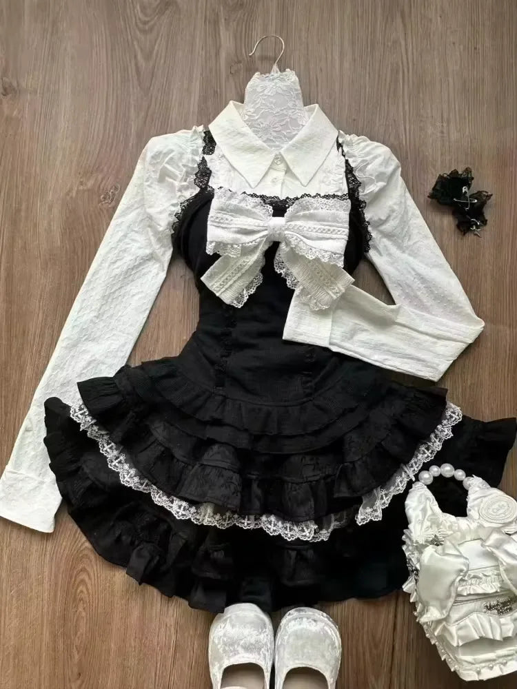 Japán Kawaii 3 darabos szett Lolita Y2k kardigán kabátok + mini szoknyák + fűző mellény amerikai vintage öltönyök őszi parti sikkes