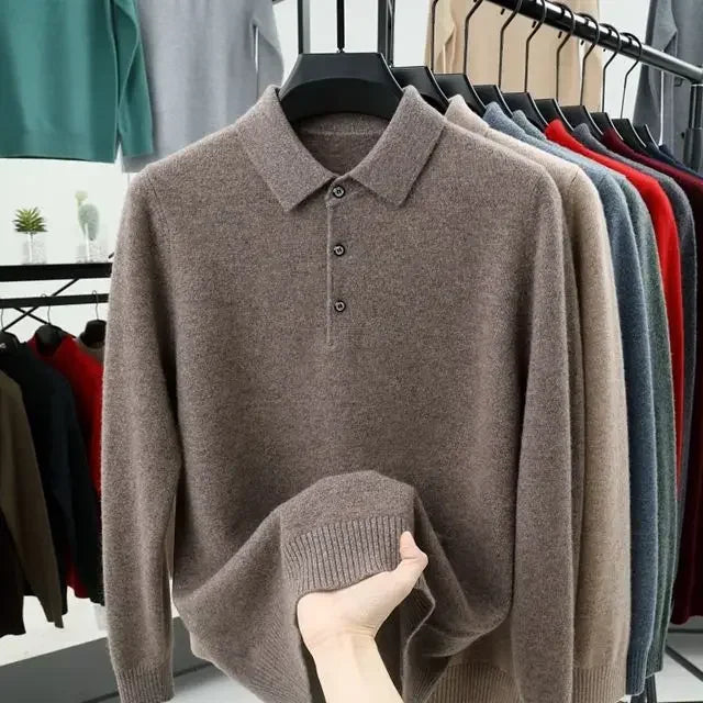 Elegáns, lezser, őszi-téli, férfi pulóver, egyszínű, gombos hajtókával,  divatos,  hosszú ujjú pulóverek, kötött felsők