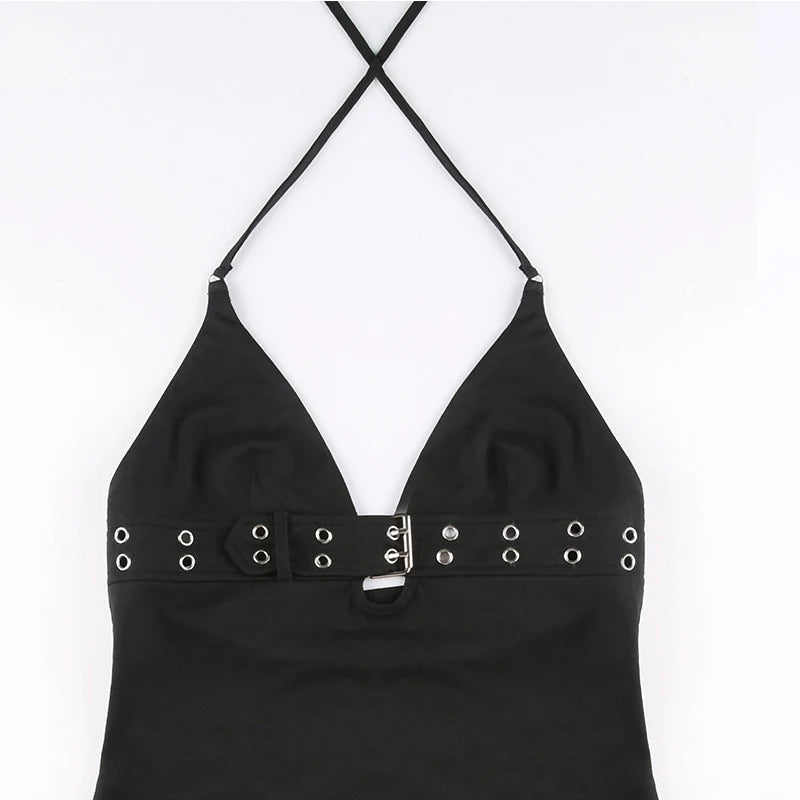 y2k Bandage Crop Top Fekete Hát nélküli Felső Fűzős Aranyos Party Strand Női Retro Alap Punk