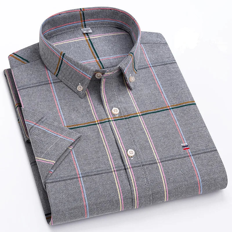 100% pamut férfi Oxford ing, rövid ujjú, nyári, kockás, csíkos, férfi ruházat, üzleti, normál szabású, túlméretezett ing, 7XL, 6XL