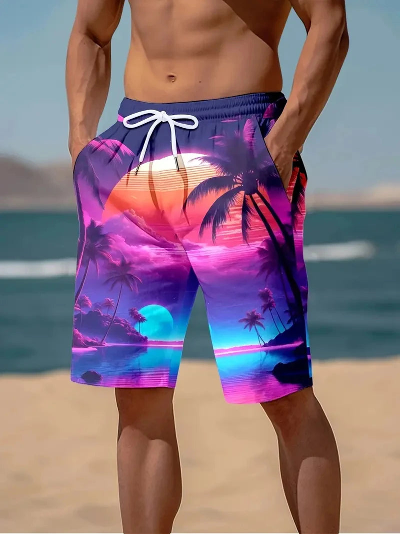 3D kókuszpálma mintás strandnadrág, pálmafa mintával