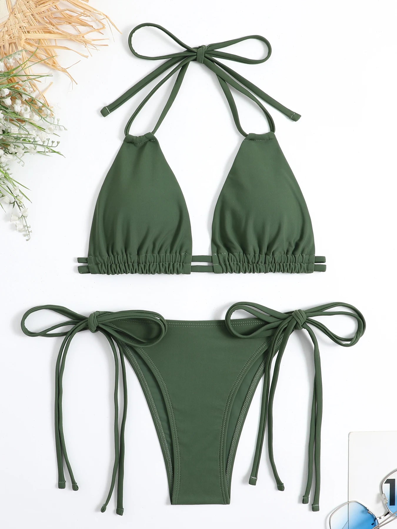2026 szexi, egyszínű, kötésű bikini, pántos fürdőruha női fürdőruha női kétrészes bikini szett, alacsony derekú fürdőruha, fürdőző
