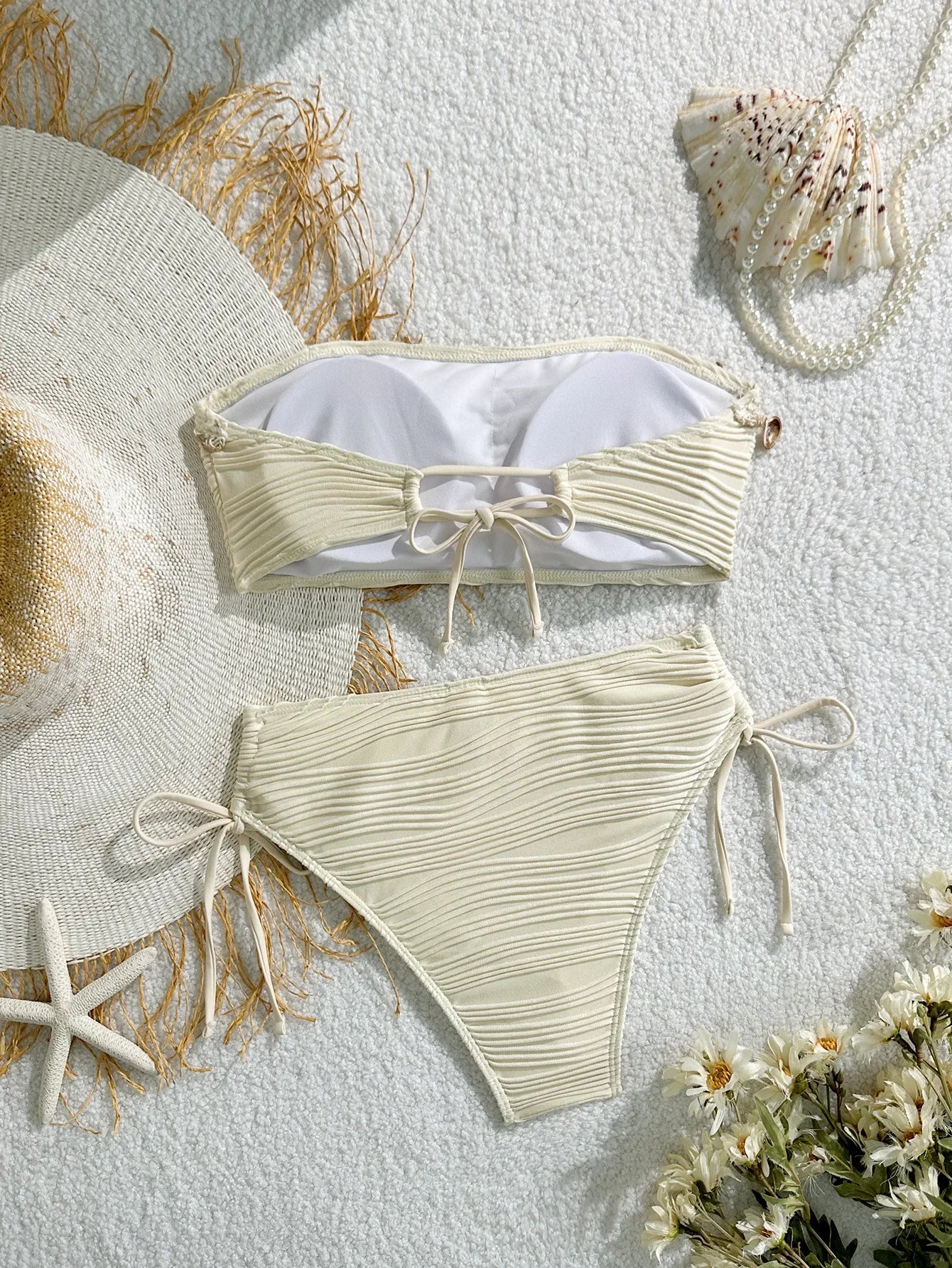XS - XL Bandeau ráncos, magas kivágású bikini női fürdőruha női fürdőruha kétrészes bikiniszett kagyló fürdőruha úszás