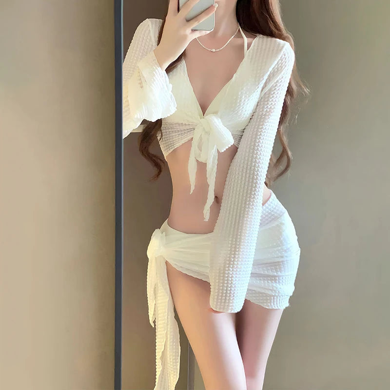Női hosszú ujjú kötött bikiniszett, tiszta szexi push-up fürdőruha takaróval, elegáns üdülőhelyi fürdőruha nyaralásra és strandra