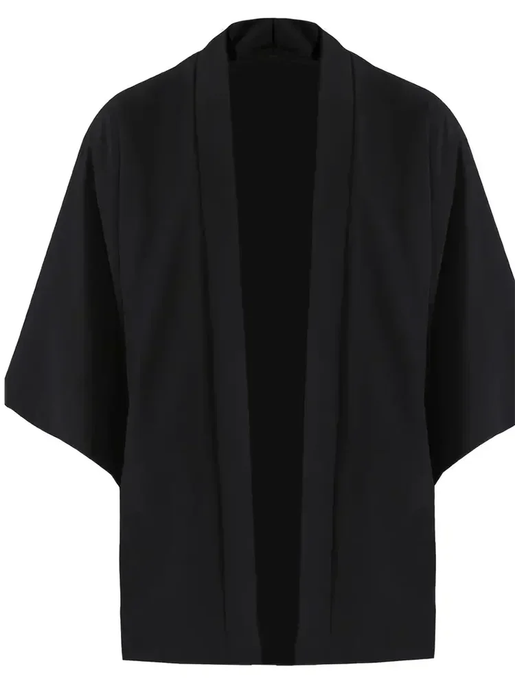 Férfi japán kimonó ingek, lezser, nyitott öltésű, könnyű, yukata, divatos, fekete kardigán, 3/4 ujjú, felsőruházat nyári vakációra