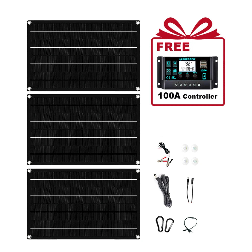 SOECOPO 2400W-os rugalmas napelemkészlet 3 db 800W-os fotovoltaikus panellel, 18V-os akkumulátortöltővel, ingyenes 100A-es vezérlővel lakókocsis kempingezéshez