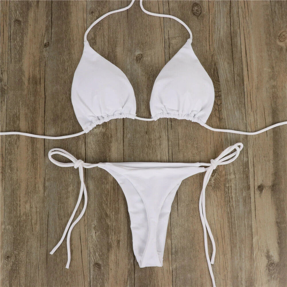Női szexi tanga bikini szett oldalsó fürdőruha kötszer stílusú brazil fürdőruha osztott pántos állítható egyszínű női fürdőruha szett