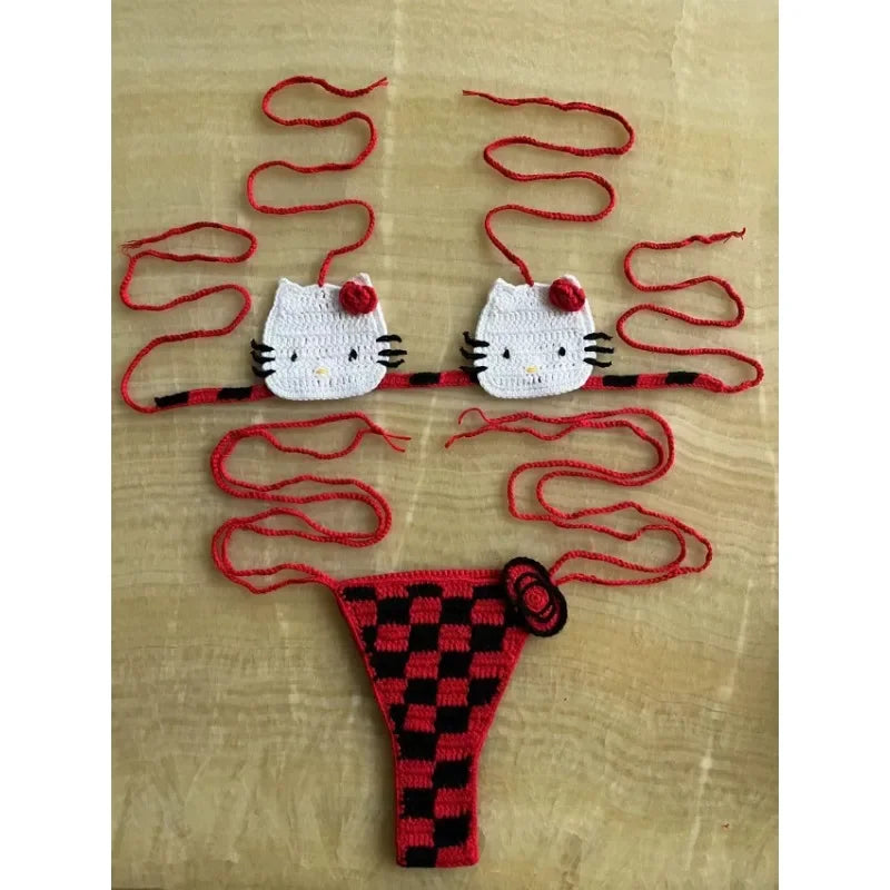 Sanrio horgolt bikini szett aranyos lányoknak fürdőruhák Hello Kitty szexi fürdőruha mikro kötésű bikinik strandruha női fürdőruha