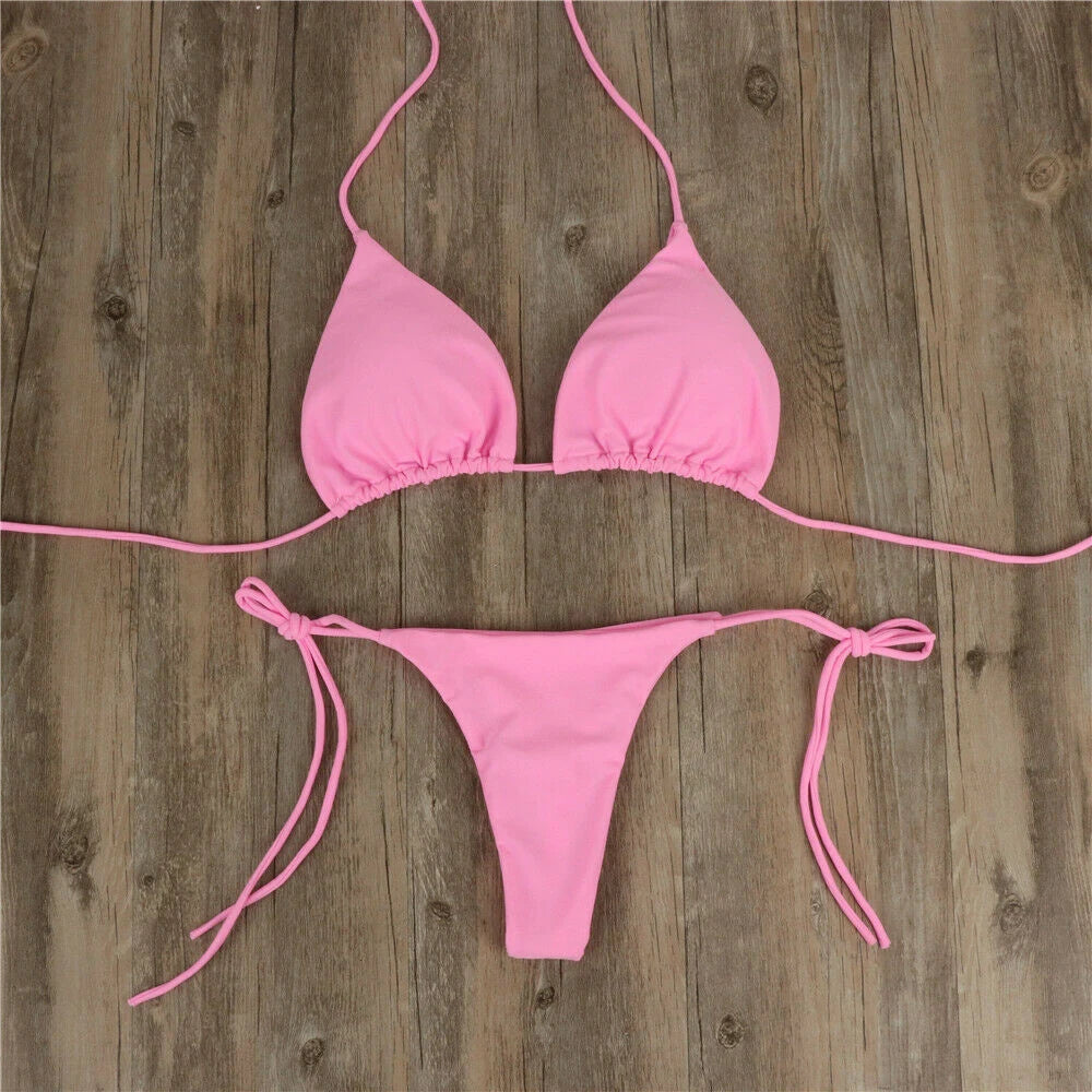 Női szexi tanga bikini szett oldalsó fürdőruha kötszer stílusú brazil fürdőruha osztott pántos állítható egyszínű női fürdőruha szett