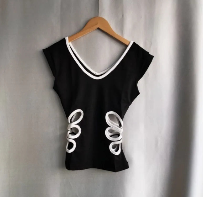 Vintage üreges V-nyakú, hát nélküli pólók női nyári grunge lezser női trikók patchwork kontrasztos színű crop top 2019 esztétika