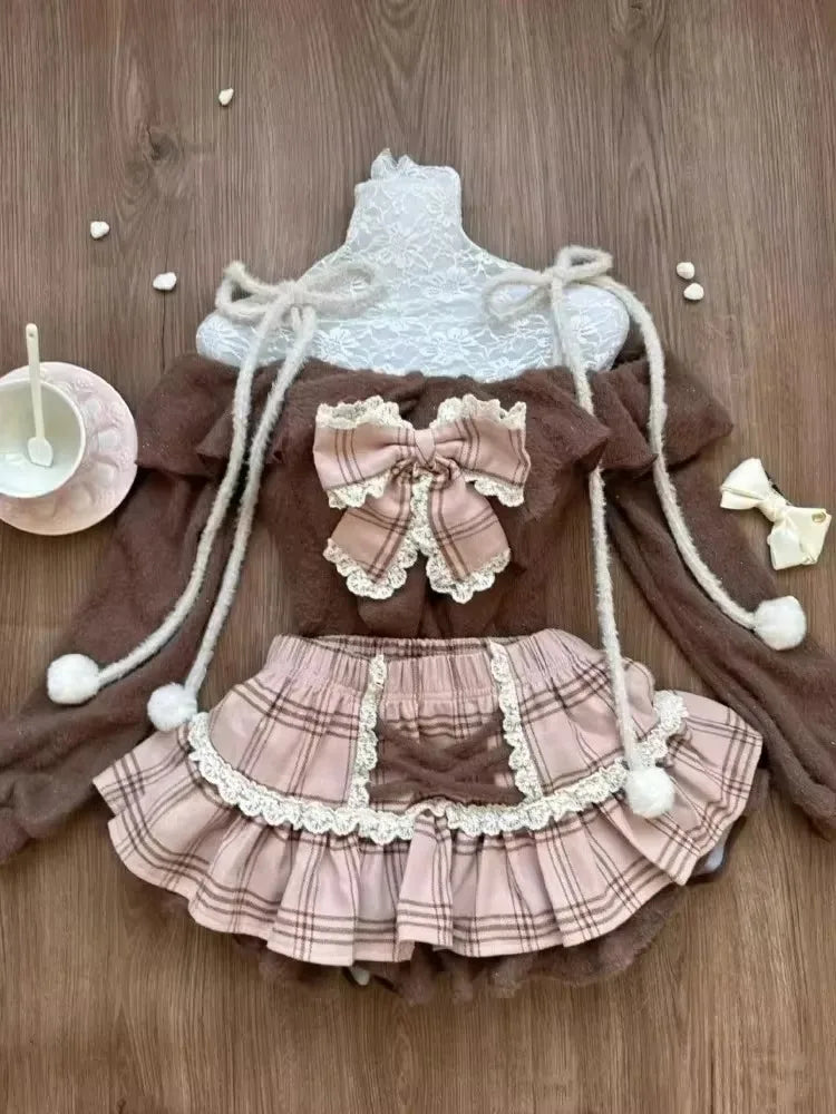 Japán Kawaii 3 darabos szett Lolita Y2k kardigán kabátok + mini szoknyák + fűző mellény amerikai vintage öltönyök őszi parti sikkes