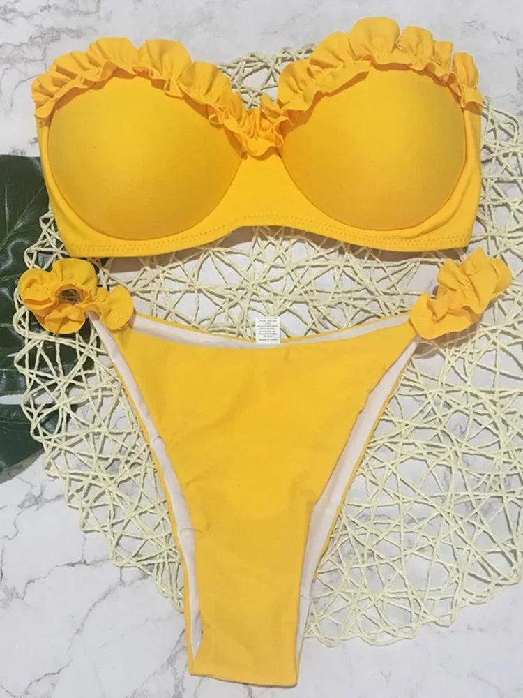 Szexi fodros, fodros melltartós bikini 2026 női bandeau fürdőruha női fürdőruha kétrészes bikiniszett push up fürdőruha úszás