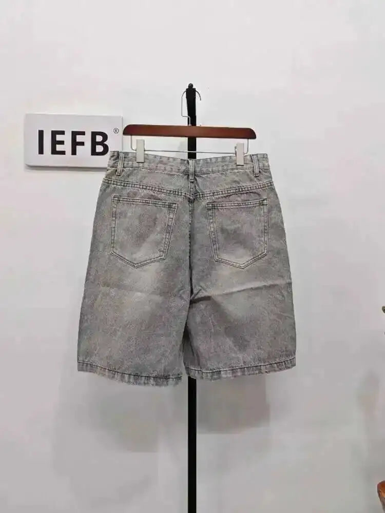 IEFB Nyári Férfi Lezser Farmer Rövidnadrág Laza Közepes Magas Derekú Divat Térdhosszúságú Farmer Rövid Nadrág Vintage Férfi Új Koreai