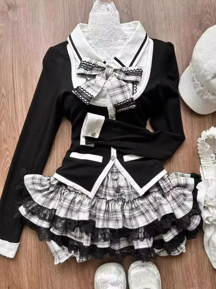 Japán Kawaii 3 darabos szett Lolita Y2k kardigán kabátok + mini szoknyák + fűző mellény amerikai vintage öltönyök őszi parti sikkes