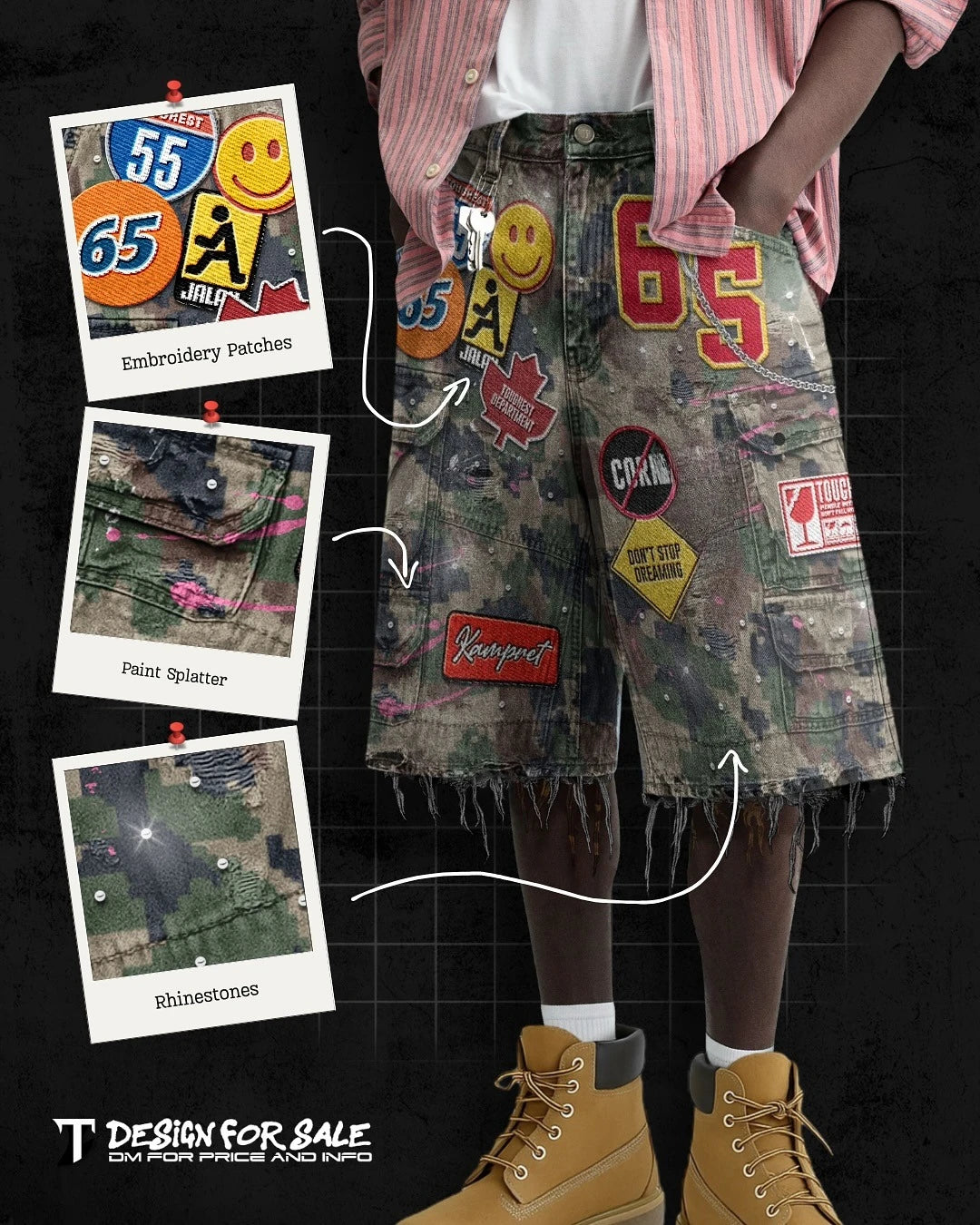 Retro kék utcai viseletű patchwork farmer rövidnadrág Y2K farmer férfi  hip-hop rajzfilm grafikával laza terepszínű farmer fitnesz lezser rövidnadrág