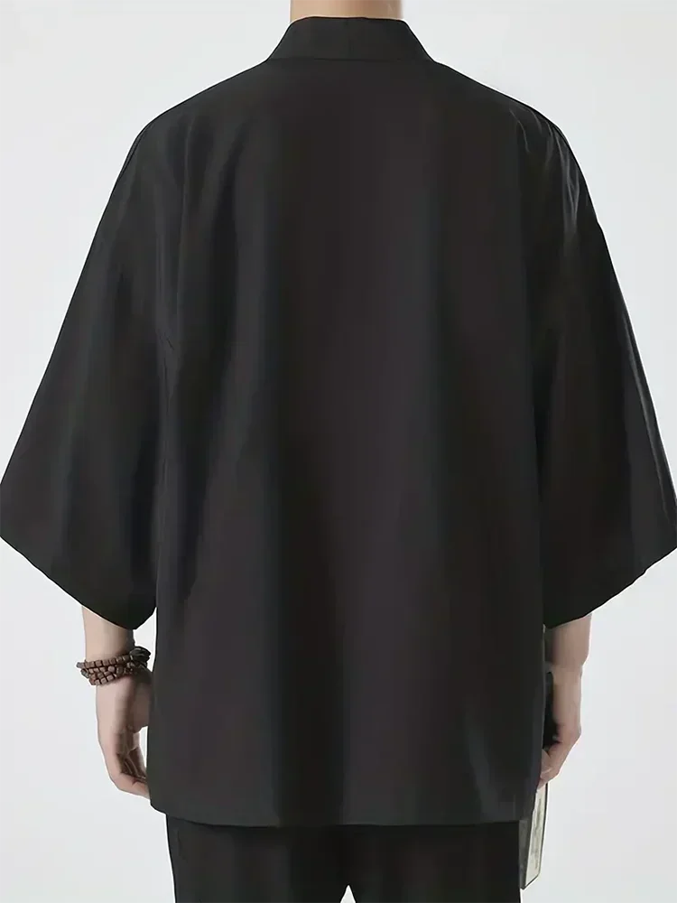 Férfi japán kimonó ingek, lezser, nyitott öltésű, könnyű, yukata, divatos, fekete kardigán, 3/4 ujjú, felsőruházat nyári vakációra