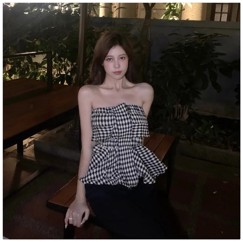Lányoknak elegáns fodros kockás csőfelsői női rugalmas kendőcsövek bandeau rövid pánt nélküli trikó crop top női