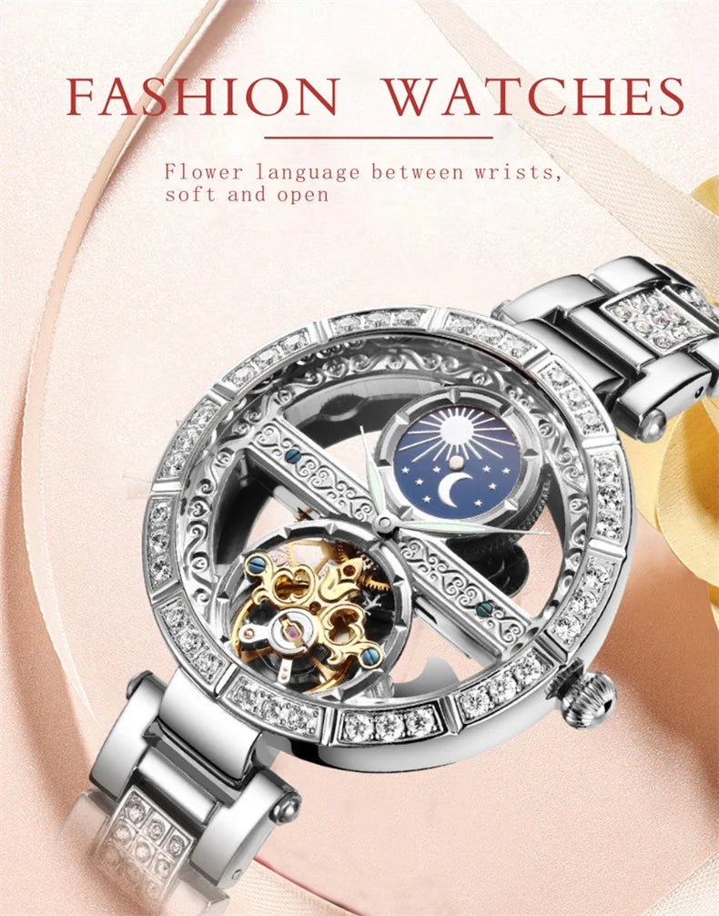 Női automata mechanikus karóra, csúcsmárkás luxus bőr vízálló órák, női csontváz Tourbillon óra, reloj mujer, új
